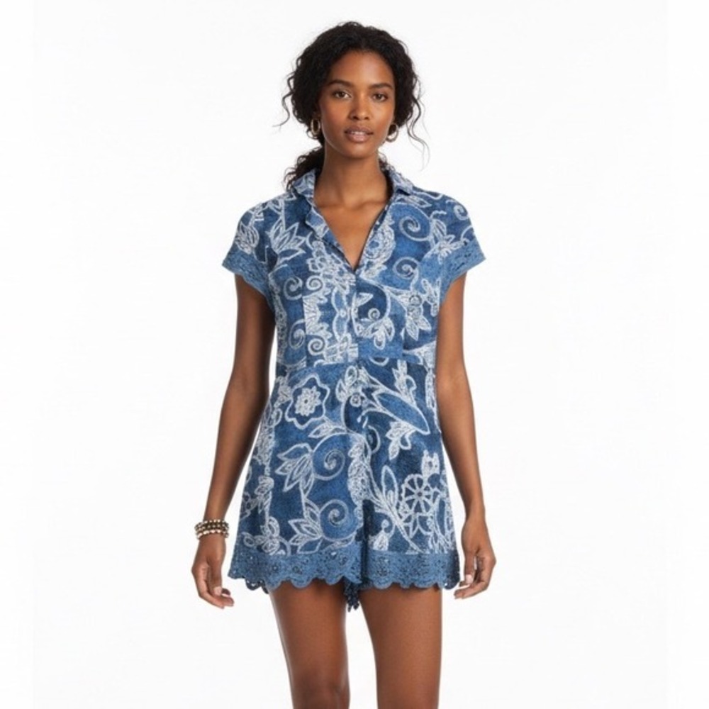 Jaase Womens Boho Cottagecore Romper Blue Coastal Floral Paisley Lace Hem Size S